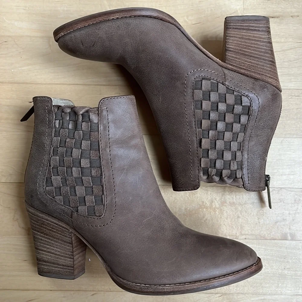 Aquatalia Basket-Weave Tan Leather Frannie Weatherproof Ankle Heeled Booties - Picture 9 of 15